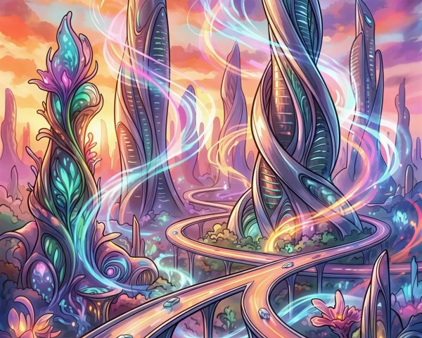 Vibrant Alien Landscape with Futuristic City Elements