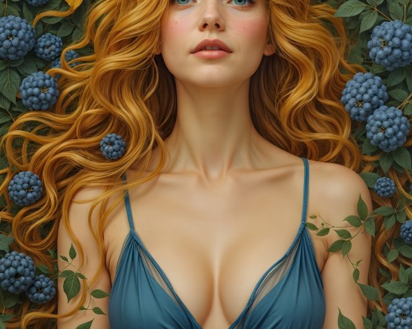 Young woman in dark blue dress among green leaves