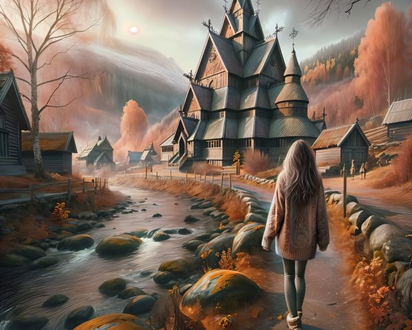 Autumn Landscape with Woman by River and Wooden Church