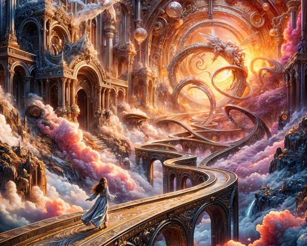 Fantastical landscape with golden pathway and dragon