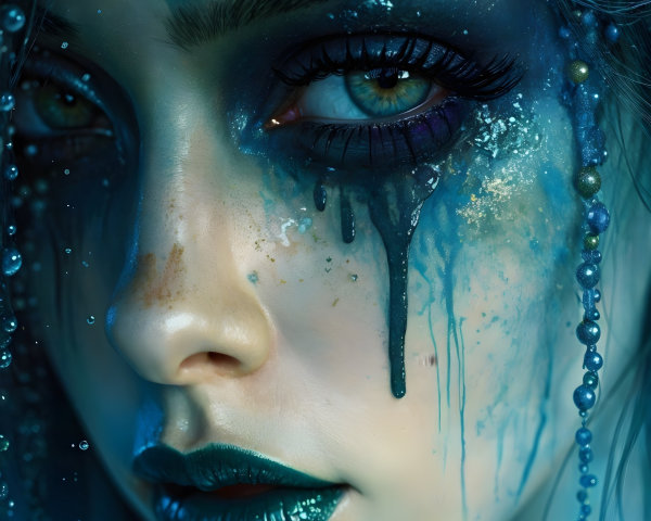 Portrait of a woman with iridescent blue and green makeup