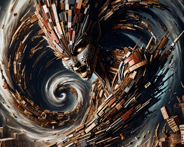 Intricate figure in a swirling vortex of urban elements