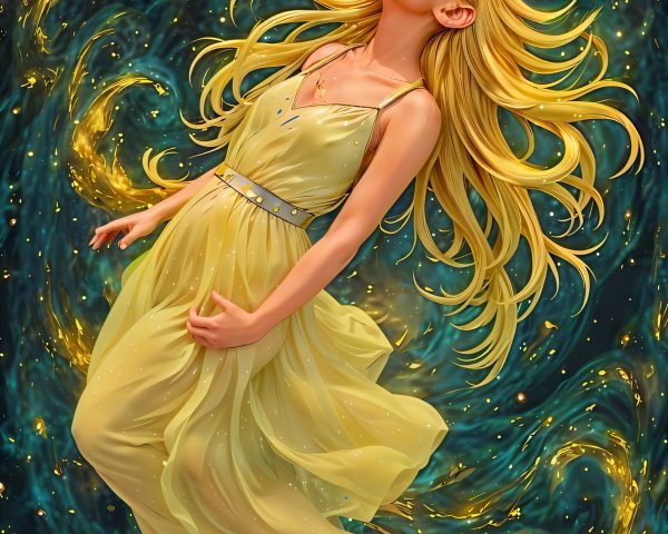 Young woman in yellow dress floating among stars
