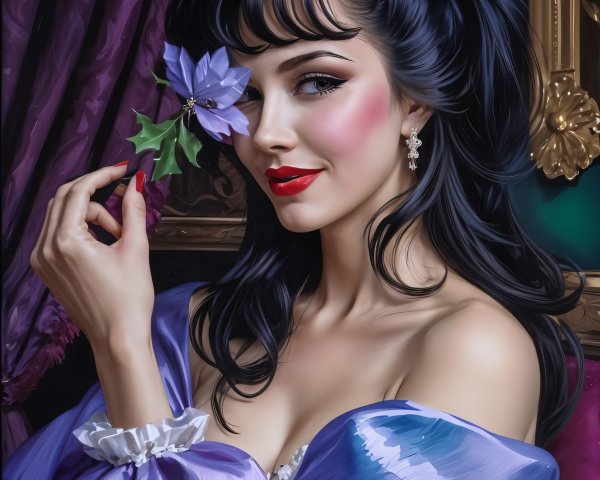 Glamorous Woman in Purple Gown with Flower Portrait
