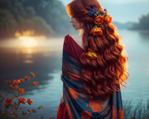 Woman with Red Hair by a Serene River at Dawn