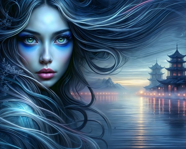 Twilight Scene with Woman and Asian Pagodas