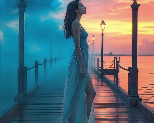 Serene Dusk Scene with Woman on Wooden Pier