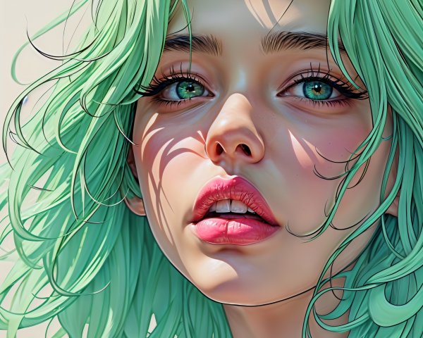 Close-up of a young woman with mint green hair