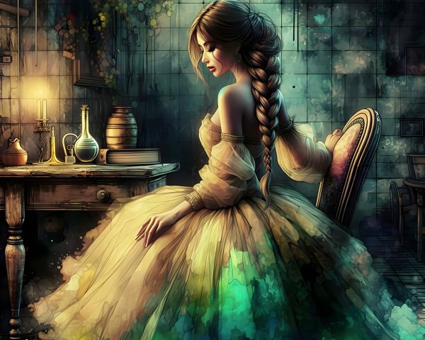 Digital painting of a woman in a yellow gown seated indoors