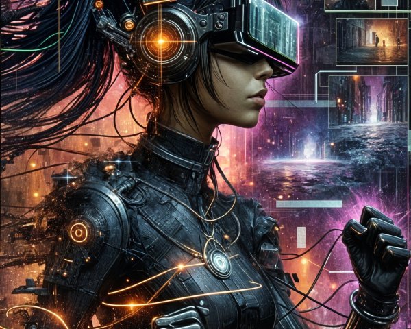 Futuristic Female Figure in Cybernetic Suit and Headset