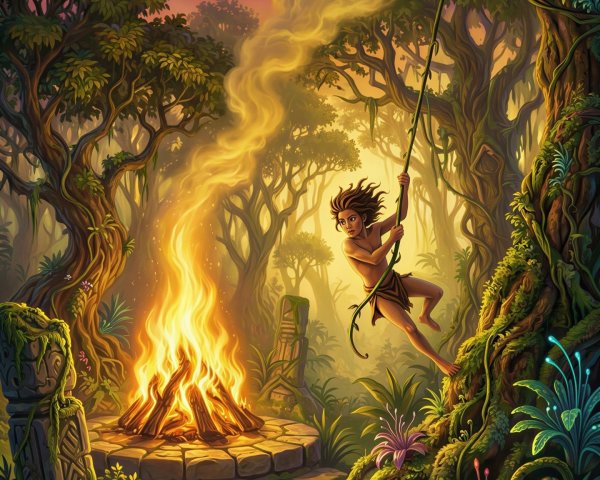 Vibrant Jungle Scene with Wild Boy and Bonfire