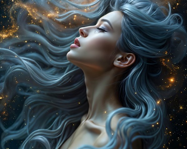 Serene Woman with Silver Hair in Cosmic Atmosphere