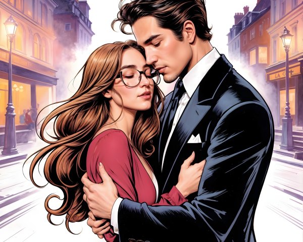 Couple Embraces Under Streetlights in Urban Setting