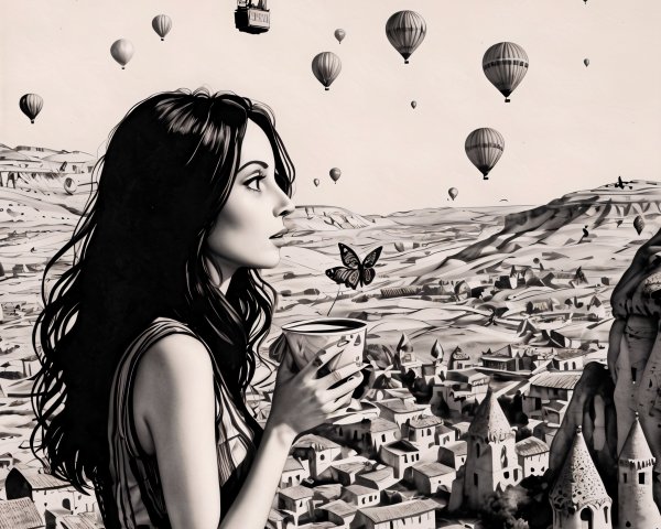 Serene Black-and-White Scene of Woman on Cliff