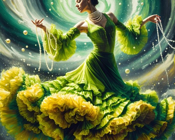 Dancer in Ruffled Dress Against Dynamic Backdrop