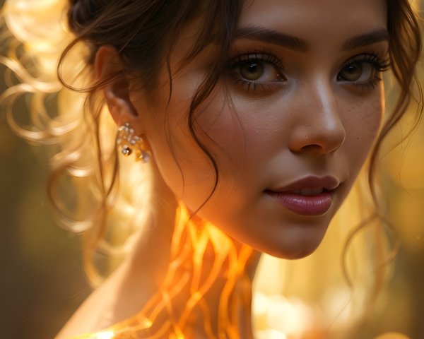 Young woman in golden light with intricate gown