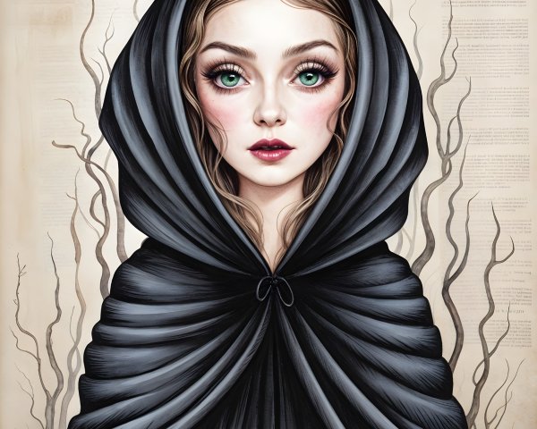 Young woman in black hood with green eyes and cloak