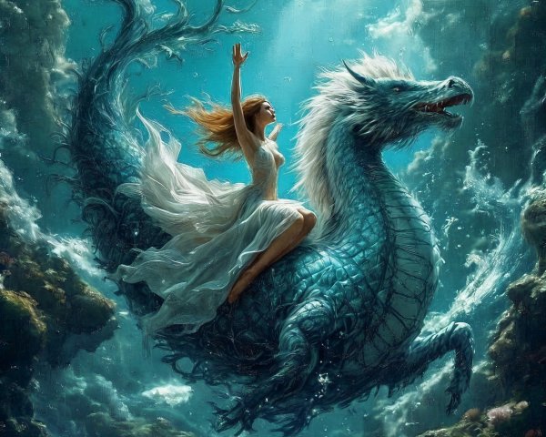 Underwater Scene with Dragon Creature and Woman