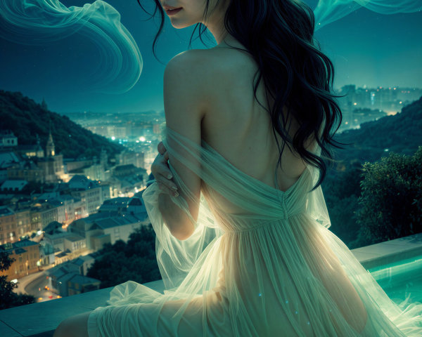 Mystical Night Scene with Young Woman by Pool