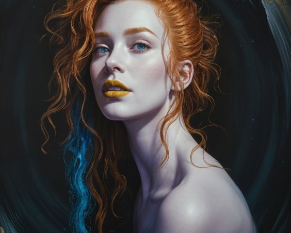 Portrait of a Woman with Red Hair and Dark Vortex Background