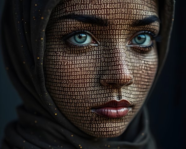 Close-up of a woman with blue eyes and binary code