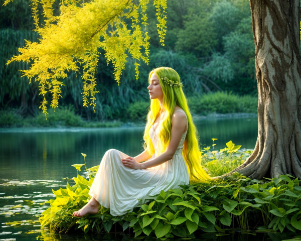 Serene Lake Scene with Woman in White Dress