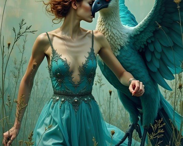 Woman in Turquoise Gown with Majestic Bird in Landscape