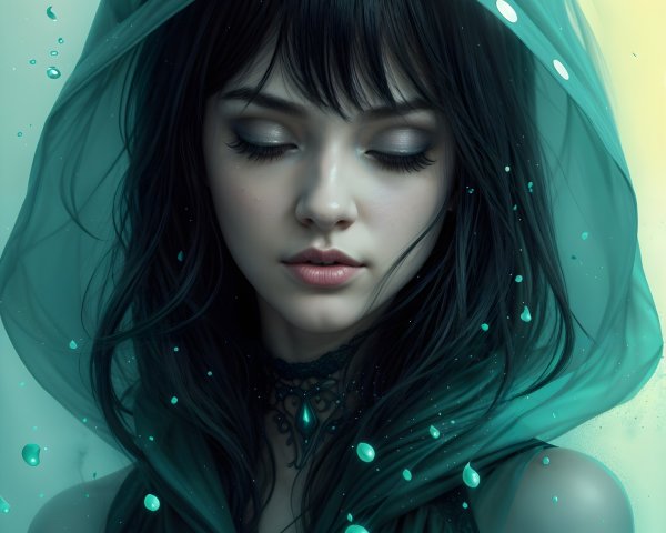 Young woman in translucent teal hood with serene vibe