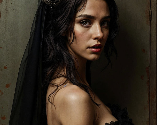 Portrait of a Young Woman in Elegant Attire and Veil