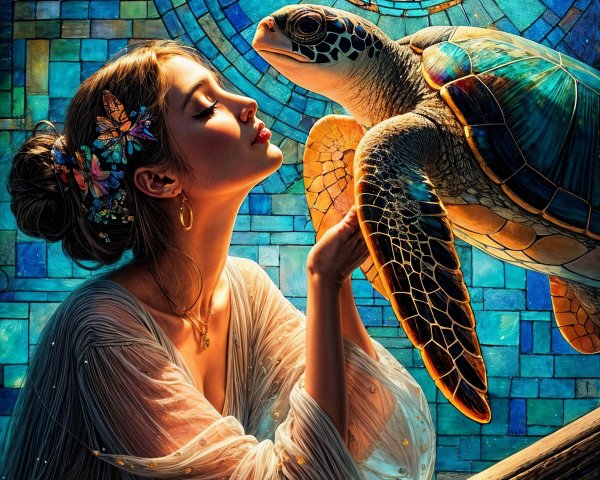 Woman with Flowers and Turtle in Stained Glass Scene