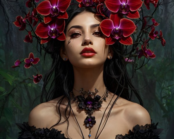 Portrait of a woman with red orchids and dark foliage