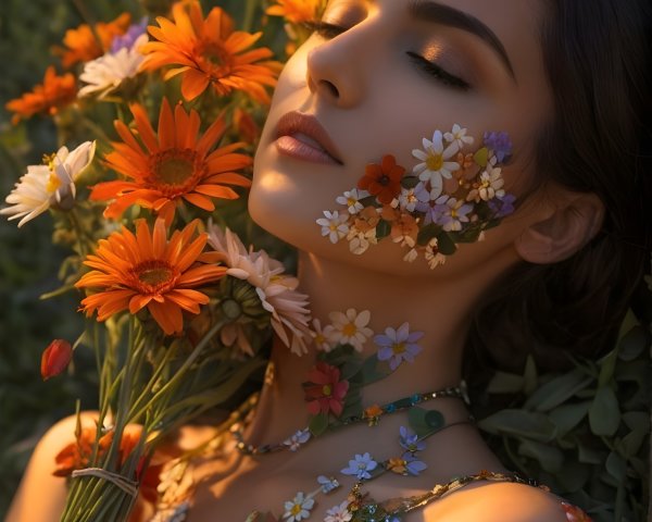 Young Woman Surrounded by Flowers in Serene Setting