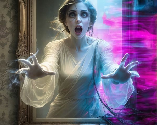 Portrait of a Terrified Ghostly Woman in Victorian Frame