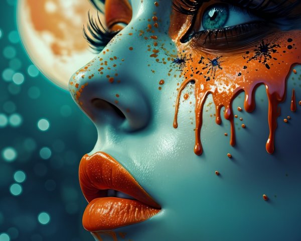 Close-Up Portrait of a Woman with Blue Skin and Orange Accents