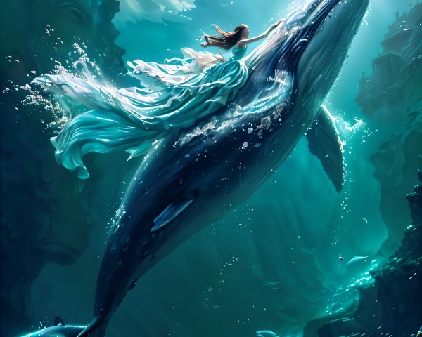 Underwater Scene with Human and Whale in Vibrant Ocean