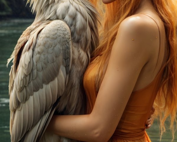 Young Woman with Red Hair and Majestic Bird by Water