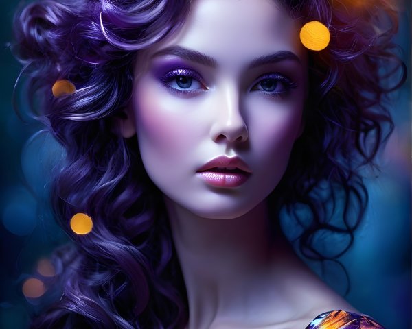 Young woman with curly hair and purple highlights