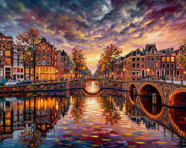Oil Painting of Amsterdam Canal at Sunset