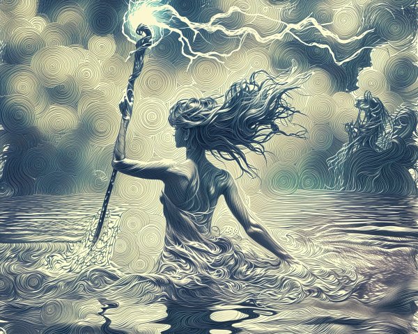Mystical figure with glowing staff in stormy waters