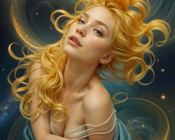 Ethereal figure with golden hair in cosmic backdrop