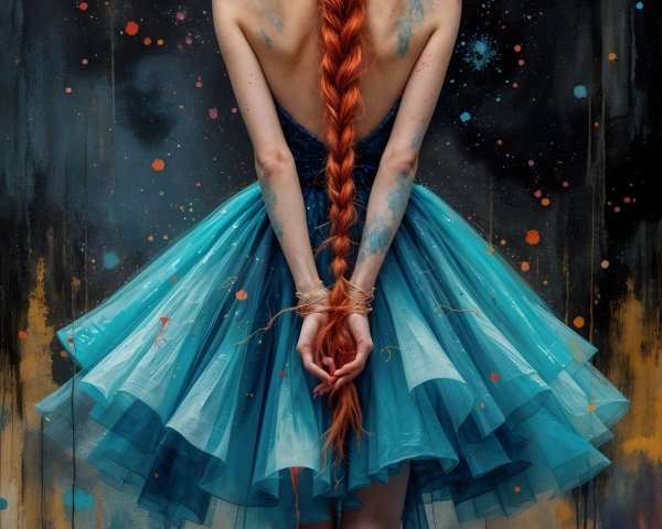 Figure with Orange Braid in Colorful Dress and Abstract Background