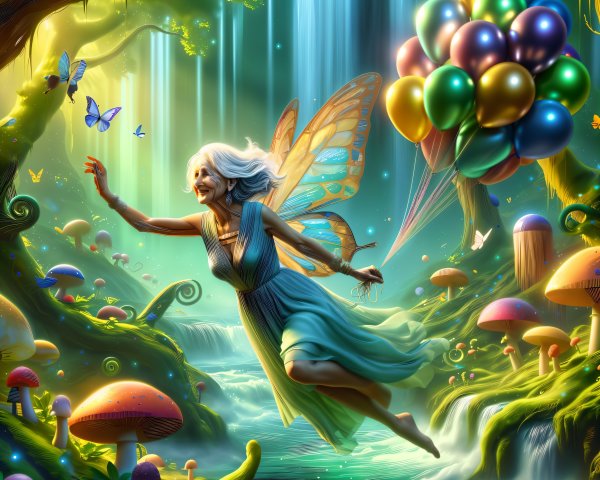 Joyful fairy in magical forest with colorful balloons