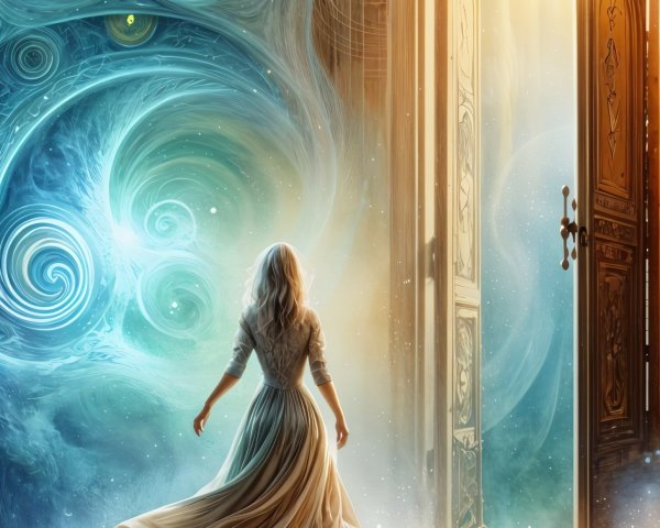 Serene Figure Approaching Mystical Open Doorway