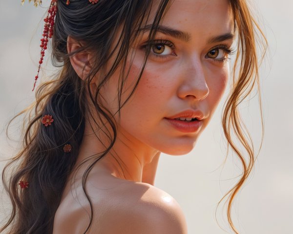 Young woman with floral dress and cascading hair