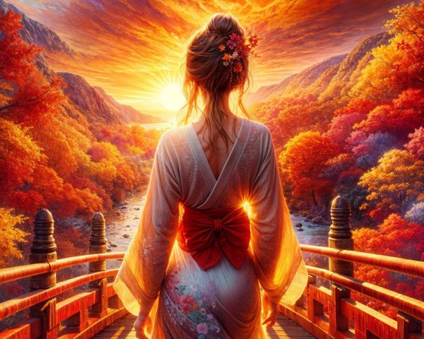 Woman in Kimono on Bridge at Sunset with Autumn Foliage