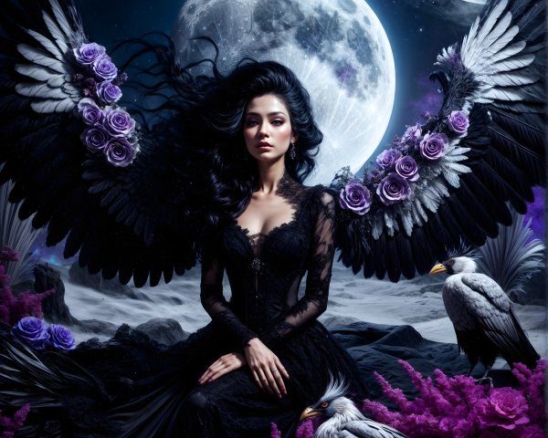 Mystical Landscape with Woman and Dramatic Wings