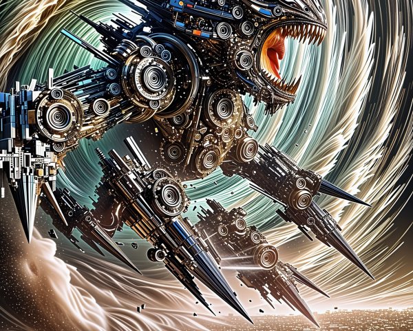 Futuristic creature contrasts with chaotic cityscape