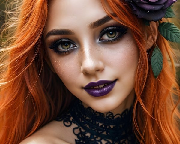Portrait of a Woman with Orange Hair and Purple Rose