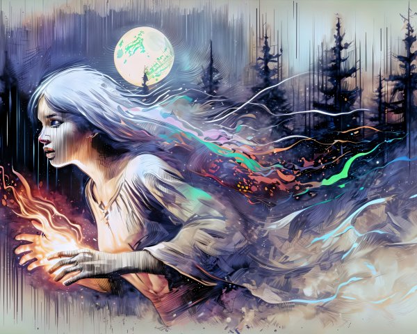 Mystical figure in an enchanting moonlit forest scene