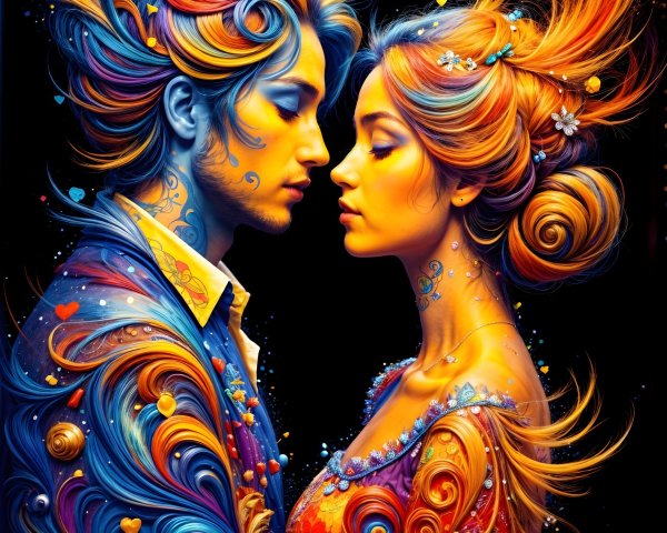 Surreal Portrait of Two Figures with Colorful Patterns